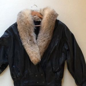 Black Leather with Fox Fur Jacket. Size Small.